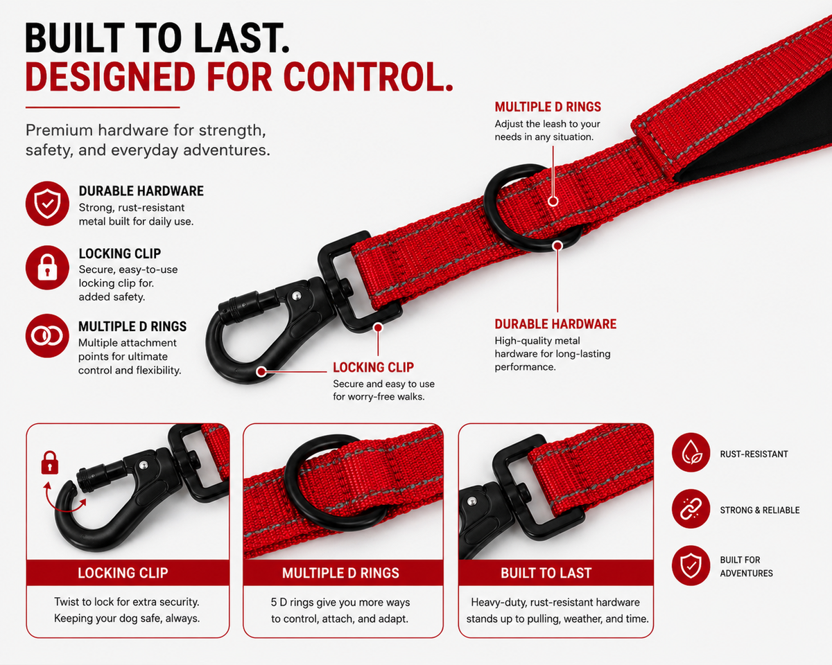 DU DA Pets 5-Handle Dog Leash – Dale Red